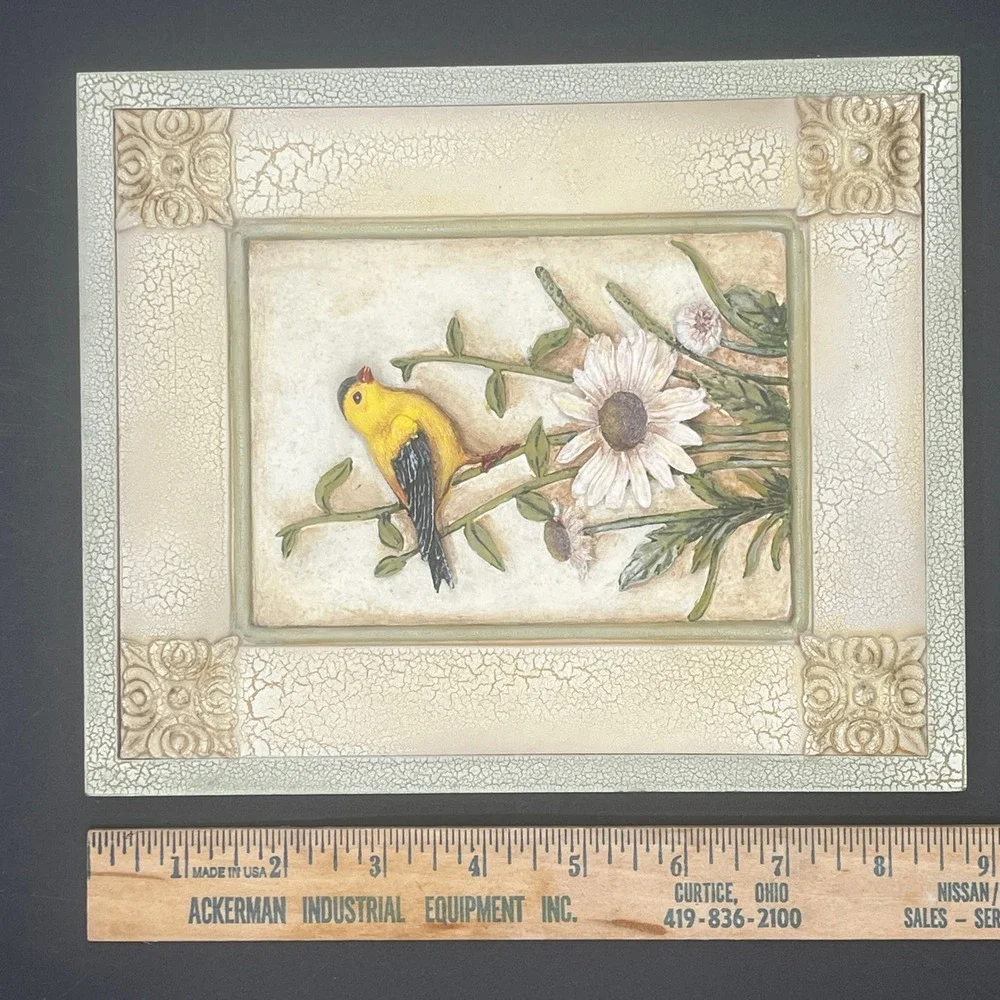 3pc Vtg Bird Wall Plaques Crackle Frame Bluebird Goldfinch Sparrow Art 8.5x7
